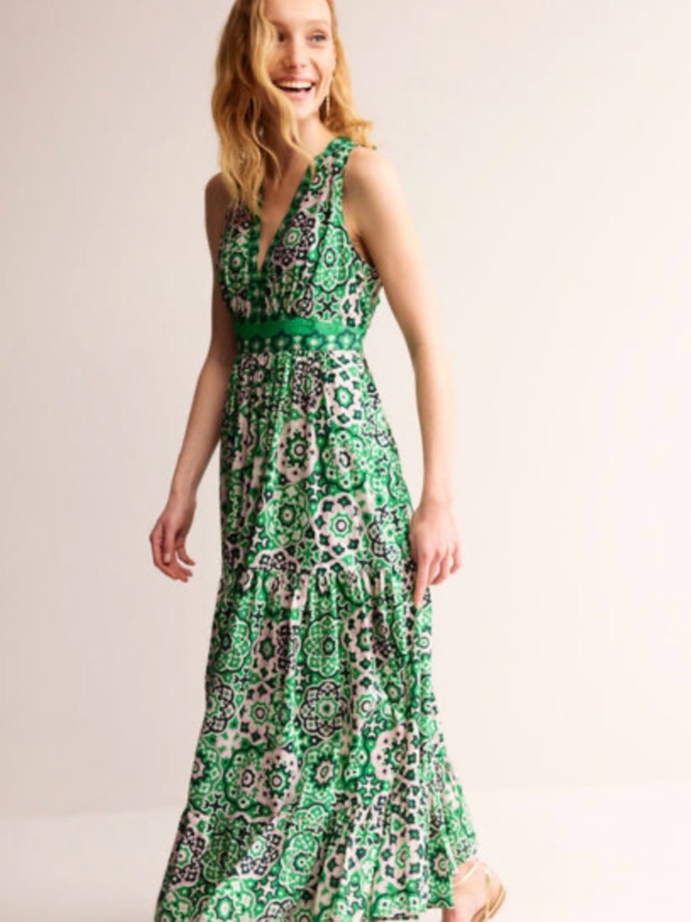 NWT Boden Green Tambourine Cotton Maxi Tie Dress with Gold Details - size 10P